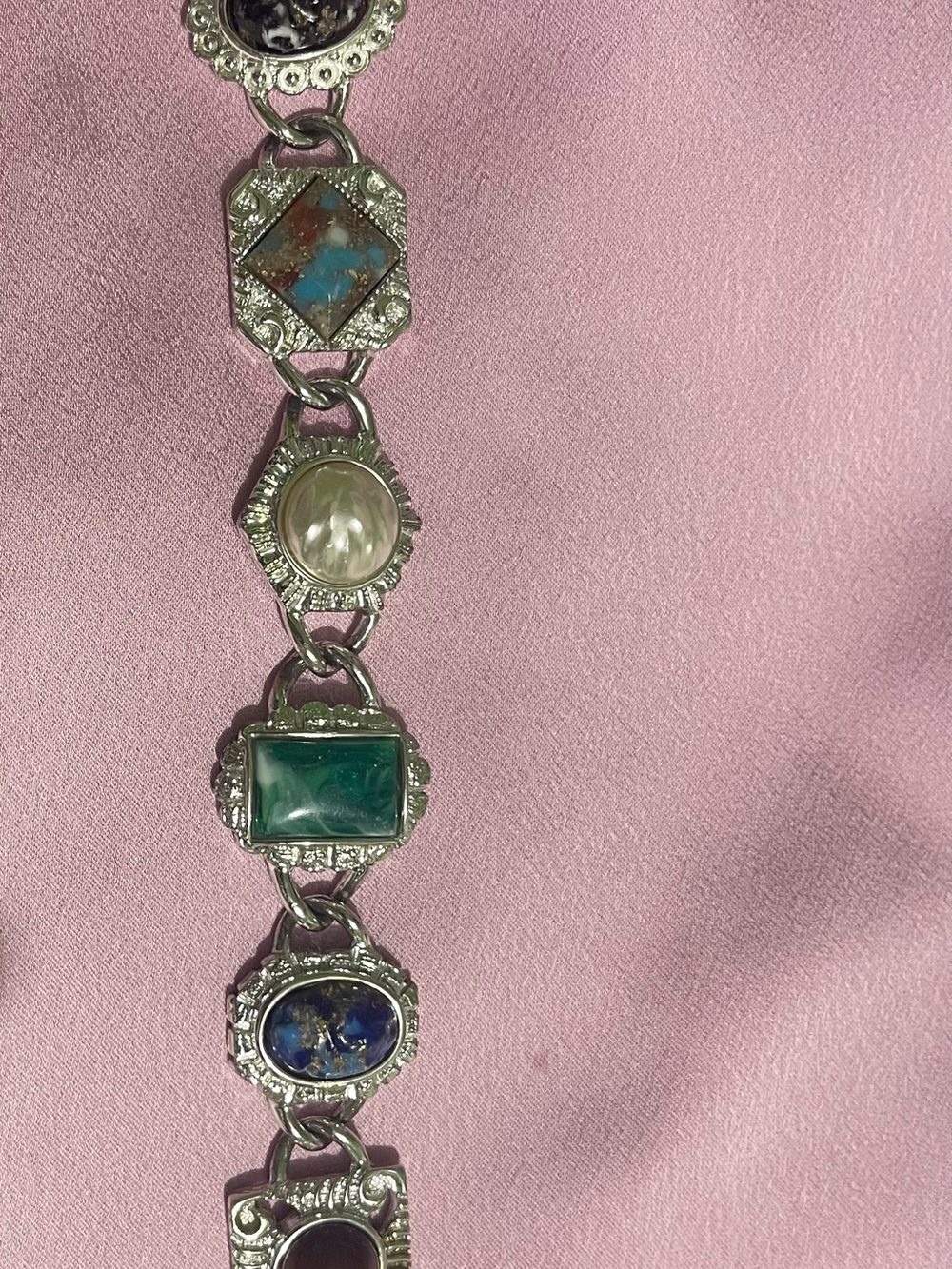 Silver Multi-Stone Link Bracelet with Green, Blue and Pearl Accents
